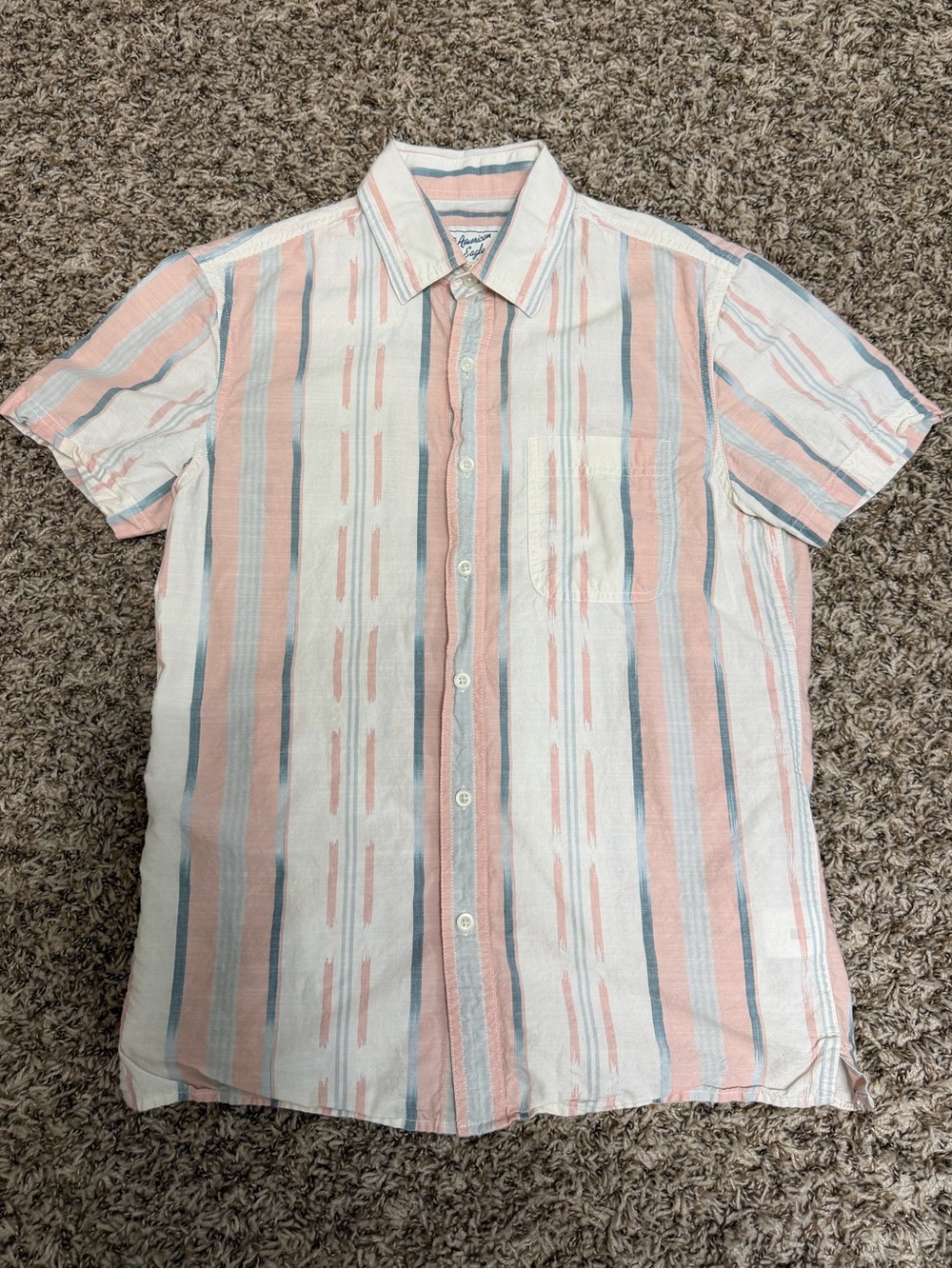 American Eagle Outfitters Men’s XS Short-Sleeve Striped Button-Up in Pink & Blue